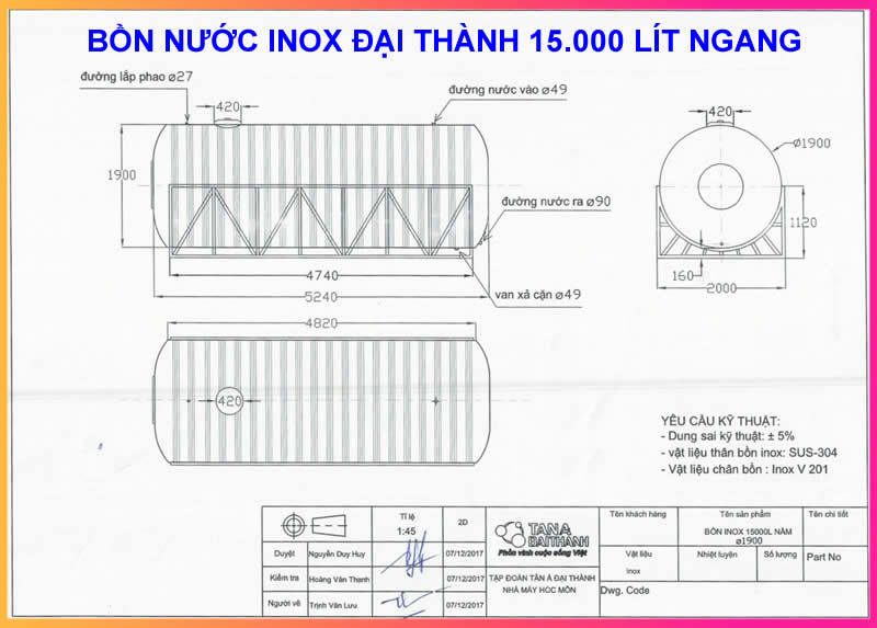 BỒN NƯỚC INOX ĐẠI THÀNH 15M3