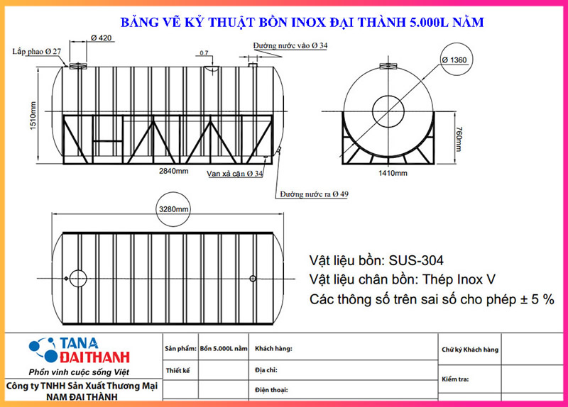 BẢNG VẼ KỶ THUẬT BỒN NƯỚC INOX 5000L NGANG ĐẠI THÀNH