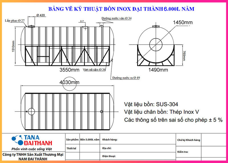 BẢNG VẼ KỶ THUẬT BỒN NƯỚC INOX 6M3 NGANG ĐẠI THÀNH