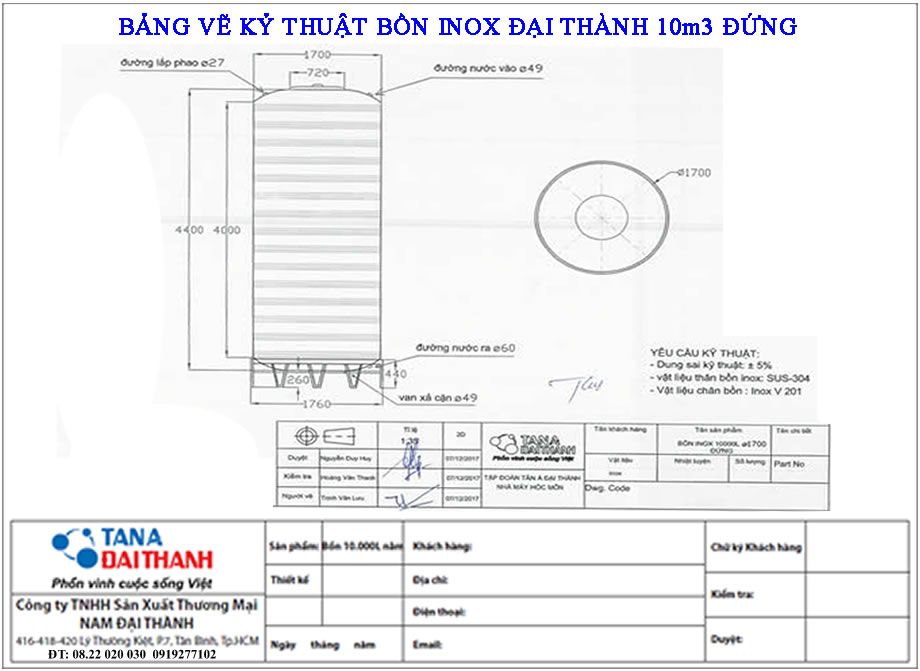 BẢNG VẼ BỒN NƯỚC INOX 10M3 ĐỨNG ĐẠI THÀNH