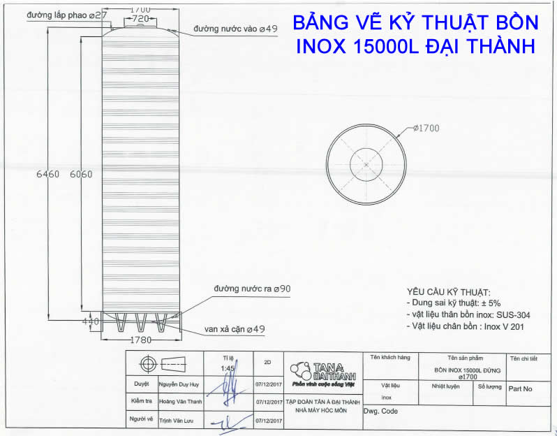 BẢNG VẼ BỒN INOX ĐẠI THÀNH 15M3