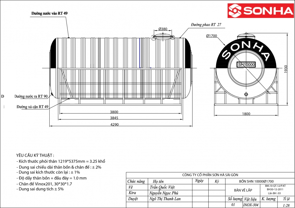 Bảng vẽ kỷ thuật bồn inox 10.000 lít Sngang ơn Hà