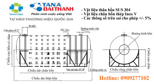 Kich thuoc bon nuoc inox 3000l dai thanh