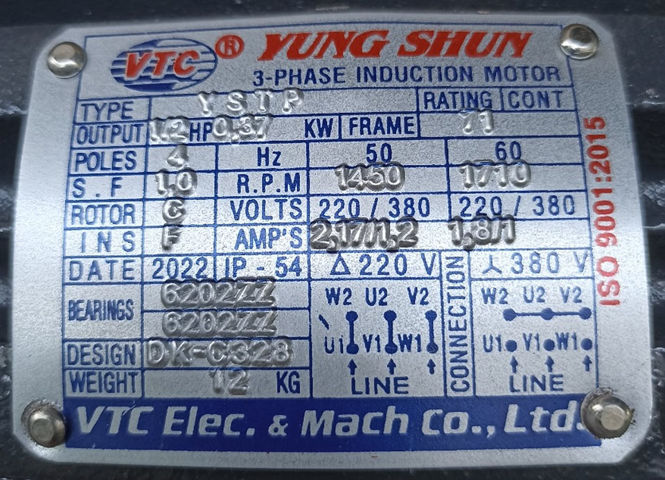 Thông số kỷ thuật động cơ điện VTC 0.37Kw 380v 4p