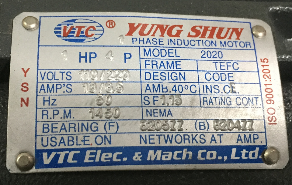 Thông số kỷ thuật động cơ điện VTC 0.75Kw 220v 4p