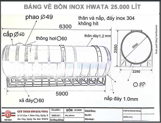 Bảng vẽ kỷ thuật bồn inox Hwata 25.000 lít ngang