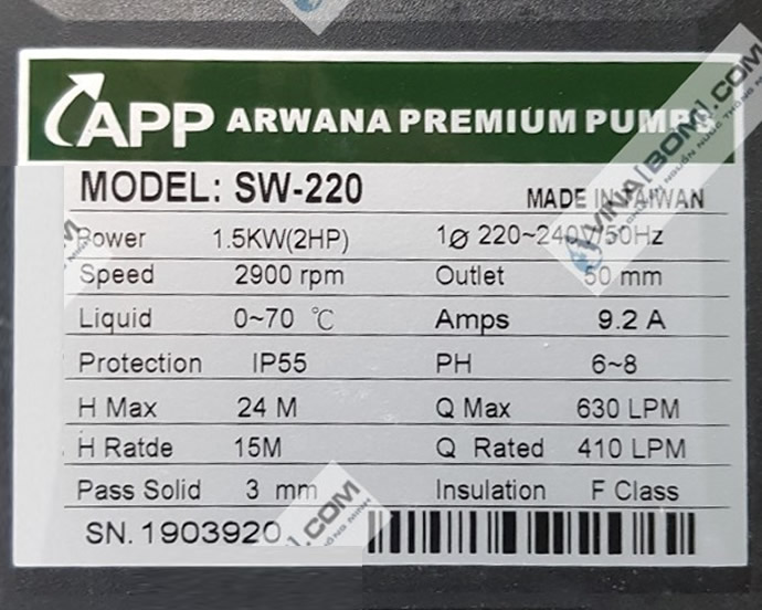 TSKT MÁY BƠM NƯỚC 1.5HP APP SW 220