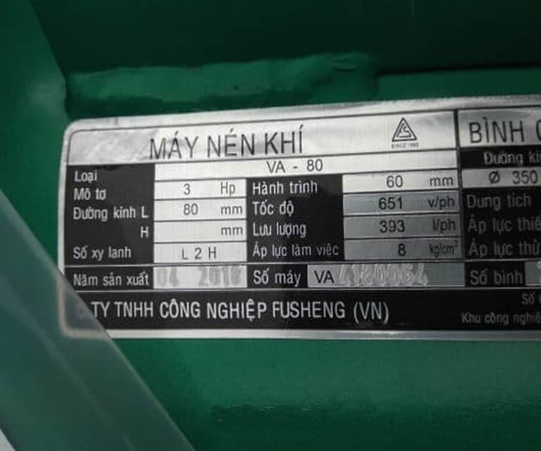 TSKT Máy Nén khí Fusheng VA80 3Hp 1 pha