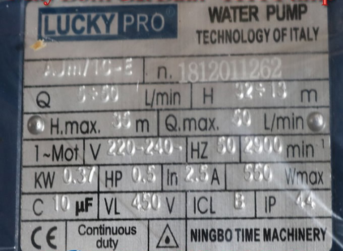 Thông số kỷ thuật máy bơm nước đầu Jet 1/2HP Lucky Pro