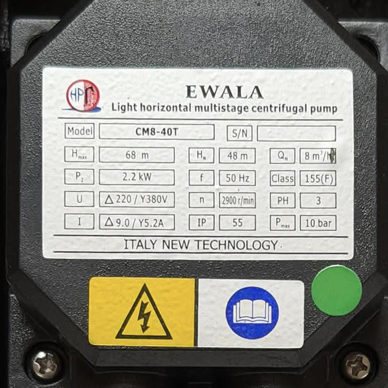 Thông số kỷ thuật Máy bơm nước Ewara CM8-40T