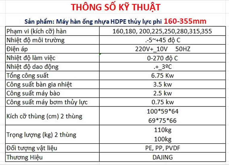 Thông số kỷ thuật Máy hàn ống HDPE 355